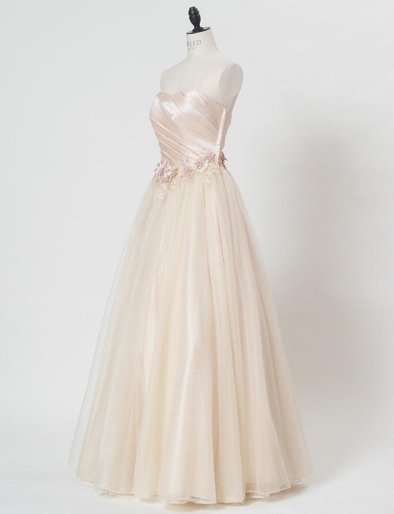 TWEED DRESS(ツイードドレス)のシャンパンゴールドロングドレス・チュール｜TW1920-CGDのトルソー全身斜め画像です。