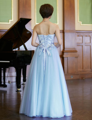 TWEED DRESS(ツイードドレス)のパステルブルーロングドレス・チュール｜TW1920-PSBLの全身背面画像です。