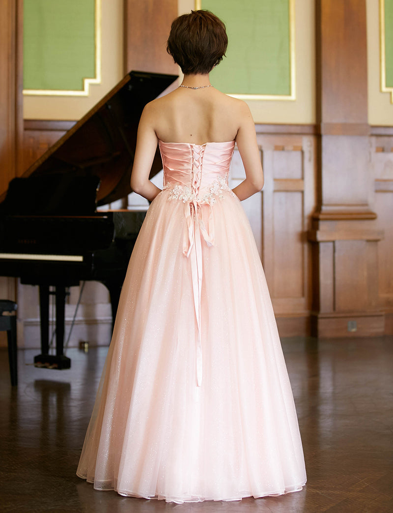 TWEED DRESS(ツイードドレス)のシェルピンクロングドレス・チュール｜TW1920-SHPKの全身背面画像です。