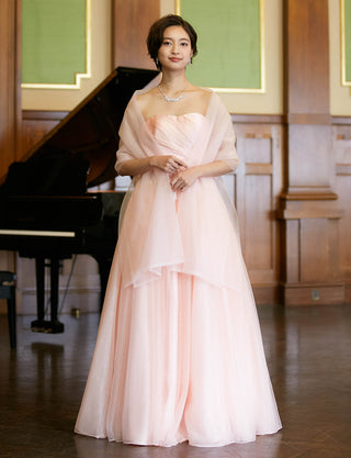 TWEED DRESS(ツイードドレス)のシェルピンクロングドレス・チュール｜TW1920-SHPKの全身正面ストール着用画像です。
