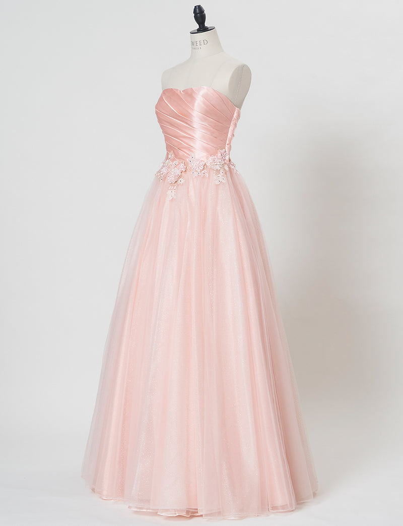 TWEED DRESS(ツイードドレス)のシェルピンクロングドレス・チュール｜TW1920-SHPKのトルソー全身斜め画像です。