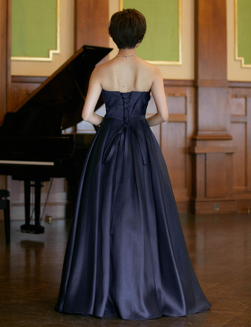TWEED DRESS(ツイードドレス)のダークネイビーロングドレス・サテン｜TW1922-DNYの全身背面画像です。