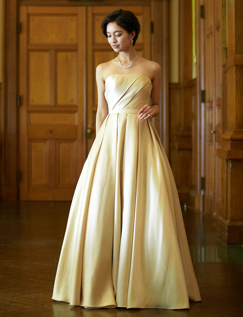 TWEED DRESS(ツイードドレス)のゴールドロングドレス・サテン｜TW1922-GDの全身正面画像です。
