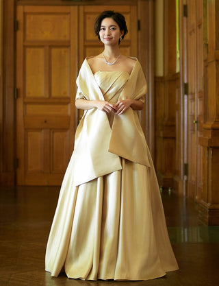 TWEED DRESS(ツイードドレス)のゴールドロングドレス・サテン｜TW1922-GDの全身正面ストール着用画像です。