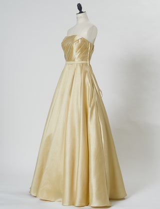 TWEED DRESS(ツイードドレス)のゴールドロングドレス・サテン｜TW1922-GDのトルソー全身斜め画像です。