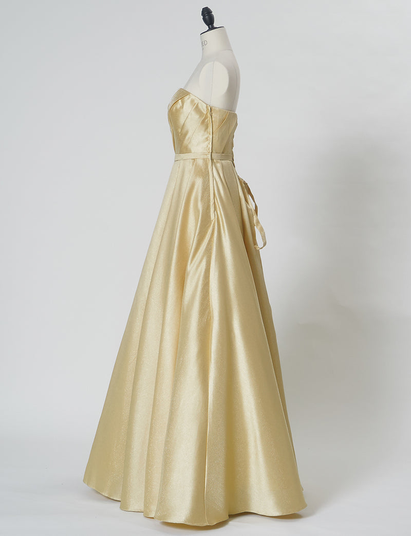 TWEED DRESS(ツイードドレス)のゴールドロングドレス・サテン｜TW1922-GDのトルソー全身側面画像です。