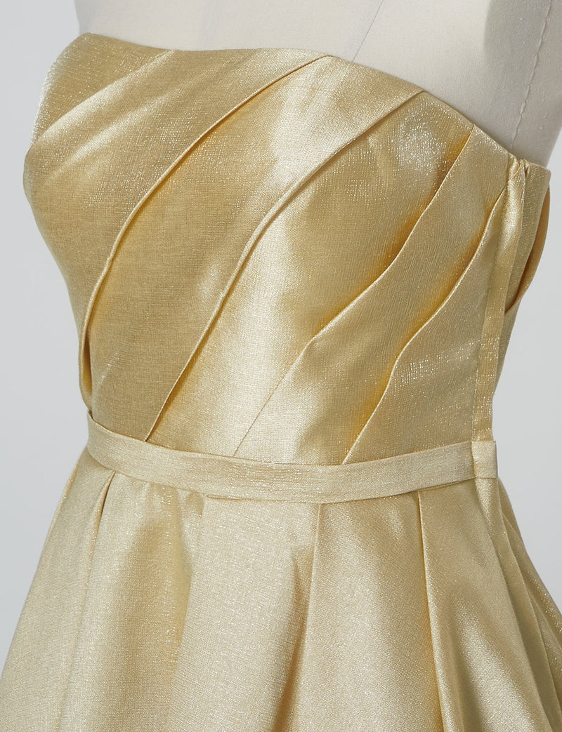 TWEED DRESS(ツイードドレス)のゴールドロングドレス・サテン｜TW1922-GDのトルソー上半身斜め画像です。