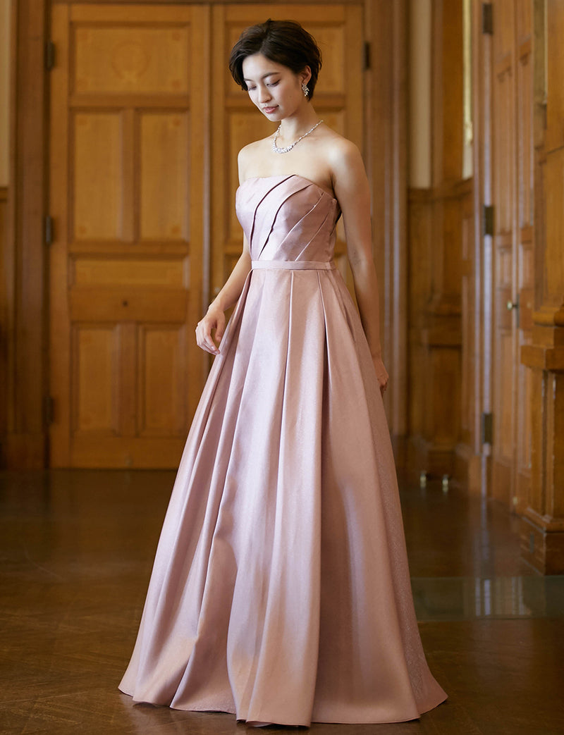 TWEED DRESS(ツイードドレス)のピンクゴールドロングドレス・サテン｜TW1922-PKGDの全身斜め画像です。
