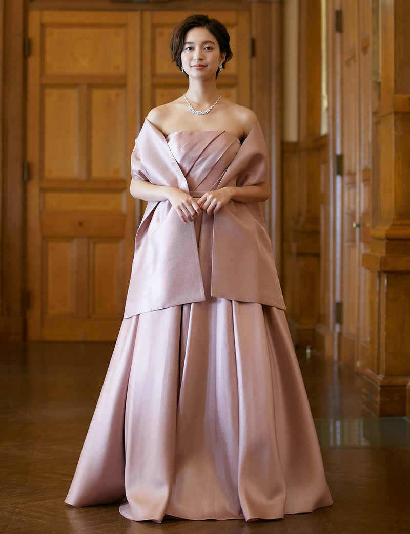 TWEED DRESS(ツイードドレス)のピンクゴールドロングドレス・サテン｜TW1922-PKGDの全身正面ストール着用画像です。