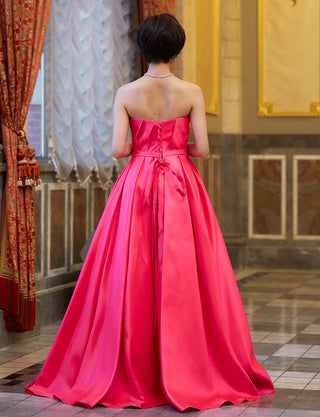 TWEED DRESS(ツイードドレス)のレッドピンクロングドレス・サテン｜TW1922-RDPKの全身背面画像です。