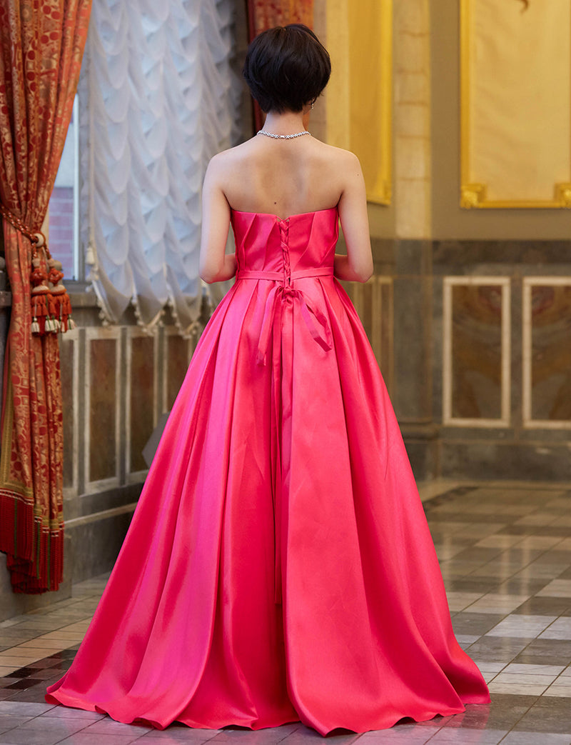 TWEED DRESS(ツイードドレス)のレッドピンクロングドレス・サテン｜TW1922-RDPKの全身背面画像です。