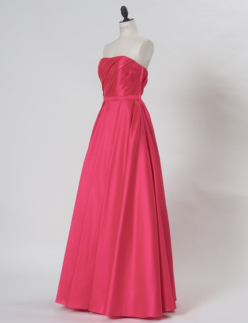 TWEED DRESS(ツイードドレス)のレッドピンクロングドレス・サテン｜TW1922-RDPKのトルソー全身斜め画像です。