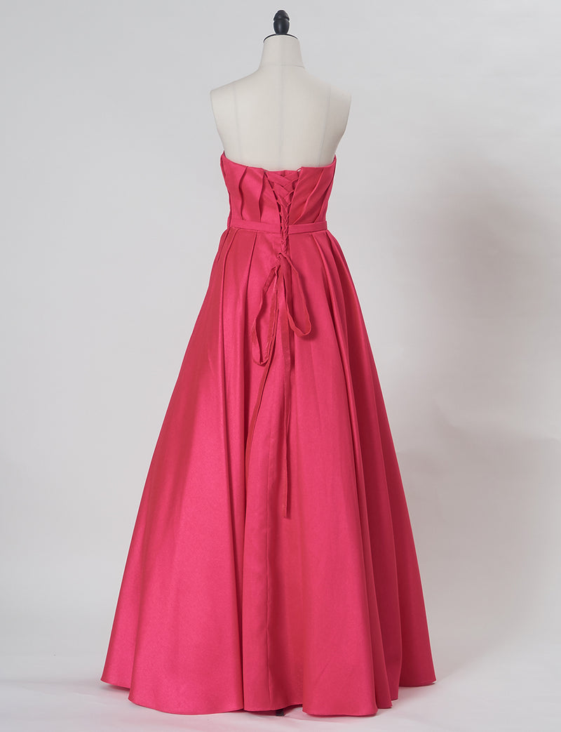 TWEED DRESS(ツイードドレス)のレッドピンクロングドレス・サテン｜TW1922-RDPKのトルソー全身背面画像です。