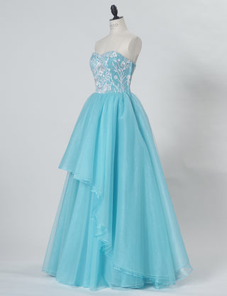 TWEED DRESS(ツイードドレス)のターコイズロングドレス・チュール｜TW1924-TQのトルソー全身斜め画像です。