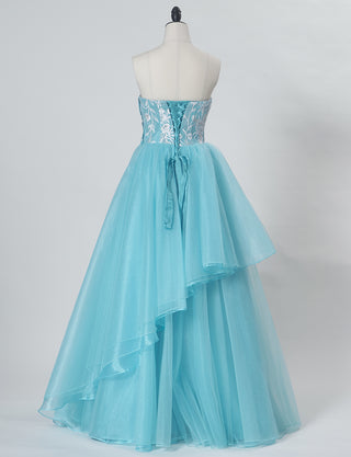TWEED DRESS(ツイードドレス)のターコイズロングドレス・チュール｜TW1924-TQのトルソー全身背面画像です。