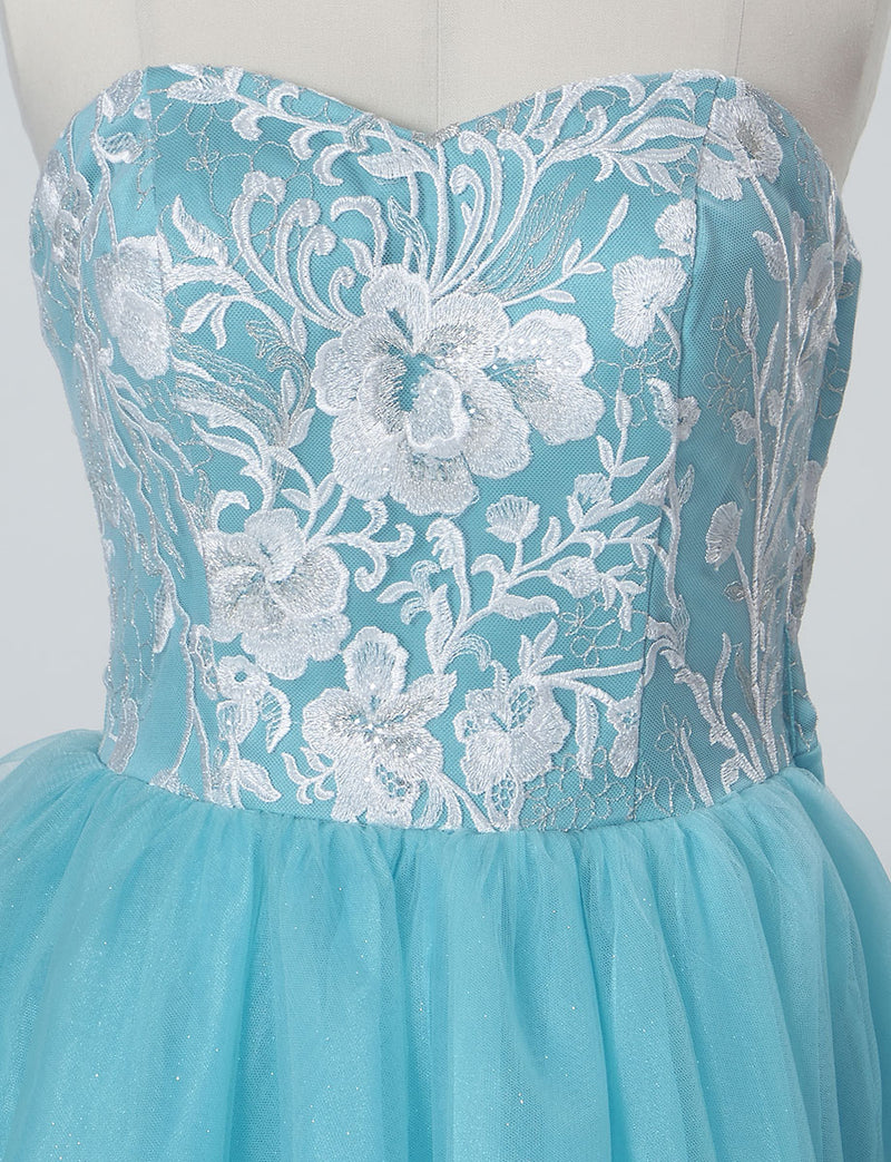 TWEED DRESS(ツイードドレス)のターコイズロングドレス・チュール｜TW1924-TQのトルソー上半身正面画像です。