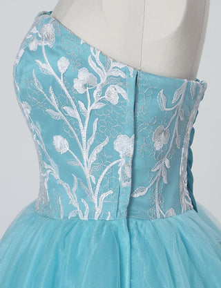 TWEED DRESS(ツイードドレス)のターコイズロングドレス・チュール｜TW1924-TQのトルソー上半身側面画像です。