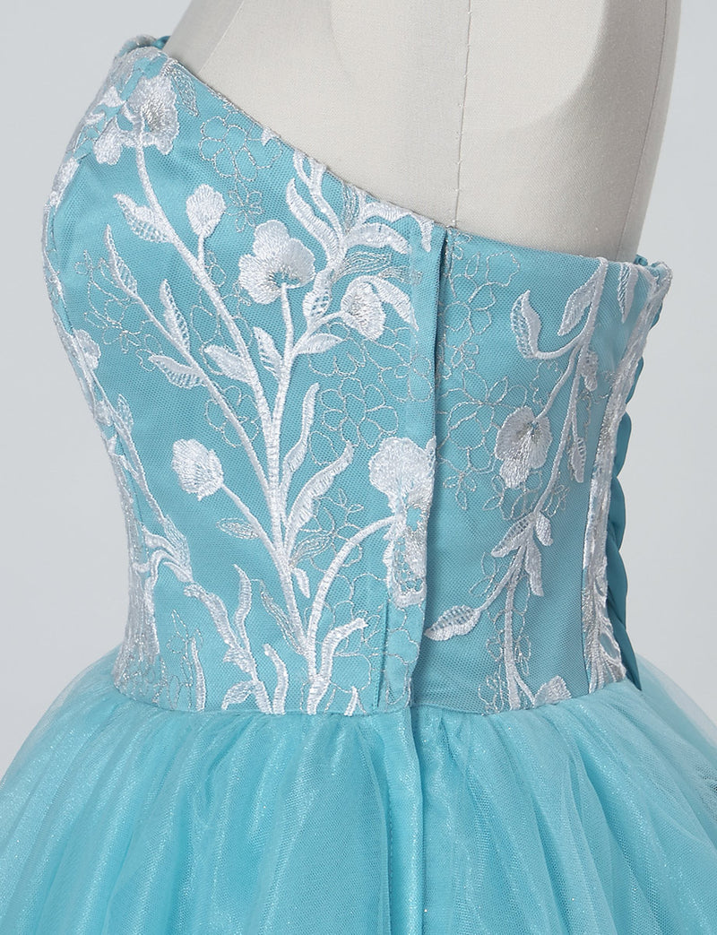 TWEED DRESS(ツイードドレス)のターコイズロングドレス・チュール｜TW1924-TQのトルソー上半身側面画像です。