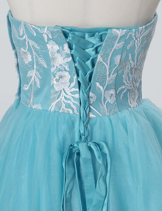 TWEED DRESS(ツイードドレス)のターコイズロングドレス・チュール｜TW1924-TQのトルソー上半身背面画像です。