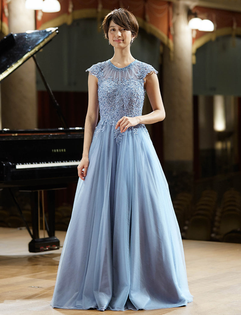 TWEED DRESS(ツイードドレス)のブルーグレーロングドレス・チュール｜TW1925-BLGYの全身正面画像です。