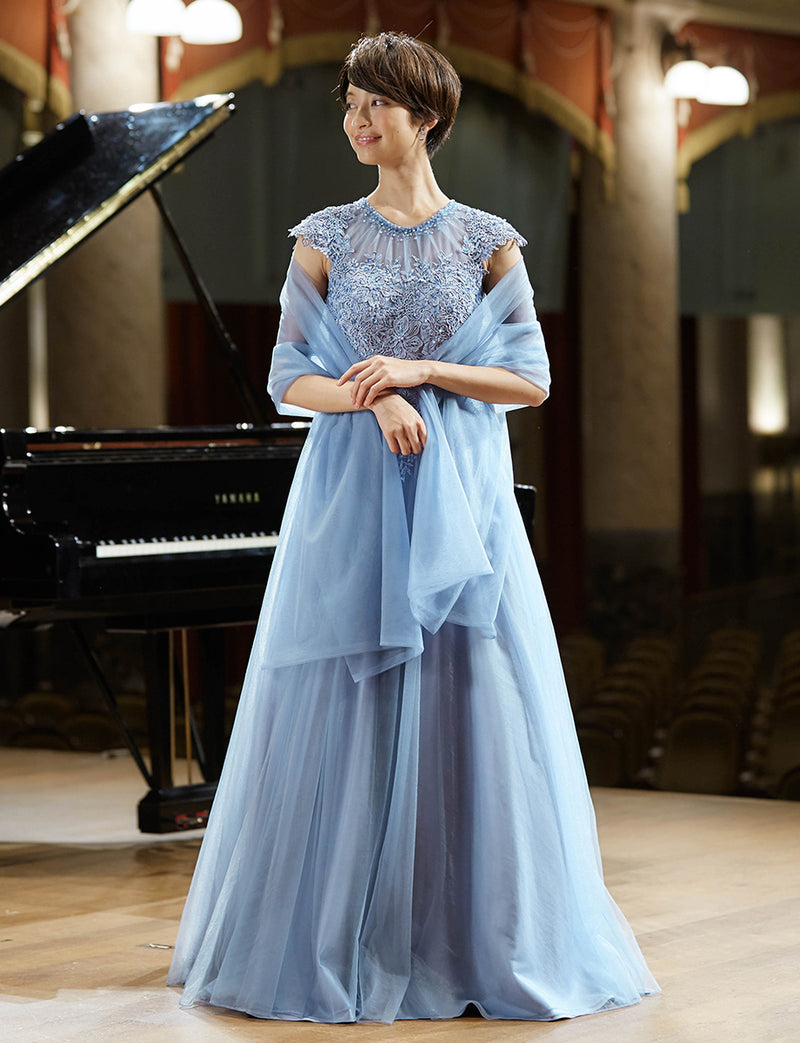 TWEED DRESS(ツイードドレス)のブルーグレーロングドレス・チュール｜TW1925-BLGYの全身正面ストール着用画像です。