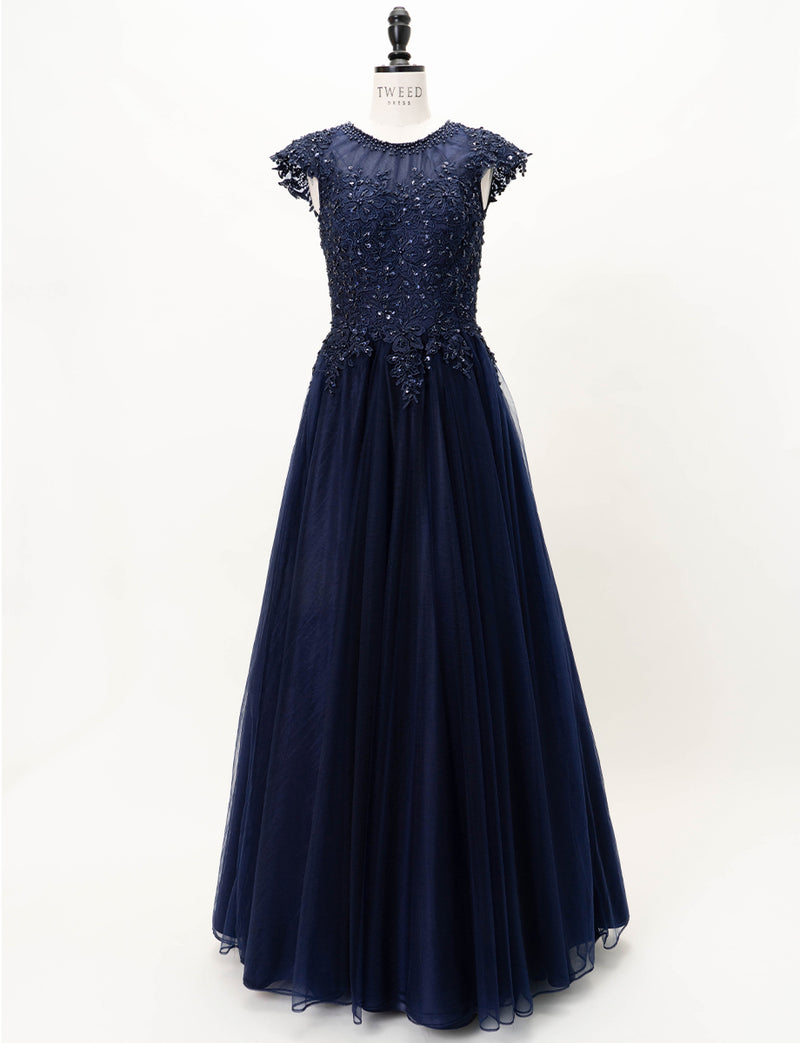TWEED DRESS(ツイードドレス)のダークネイビーロングドレス・チュール｜TW1925-DNYのトルソー全身正面画像です。