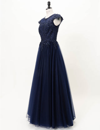 TWEED DRESS(ツイードドレス)のダークネイビーロングドレス・チュール｜TW1925-DNYのトルソー全身斜め画像です。