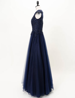 TWEED DRESS(ツイードドレス)のダークネイビーロングドレス・チュール｜TW1925-DNYのトルソー全身側面画像です。