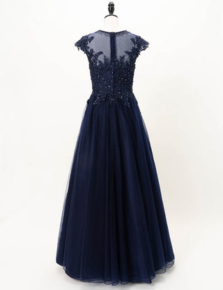 TWEED DRESS(ツイードドレス)のダークネイビーロングドレス・チュール｜TW1925-DNYのトルソー全身背面画像です。