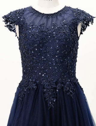 TWEED DRESS(ツイードドレス)のダークネイビーロングドレス・チュール｜TW1925-DNYのトルソー上半身正面画像です。