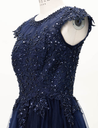 TWEED DRESS(ツイードドレス)のダークネイビーロングドレス・チュール｜TW1925-DNYのトルソー上半身斜め画像です。