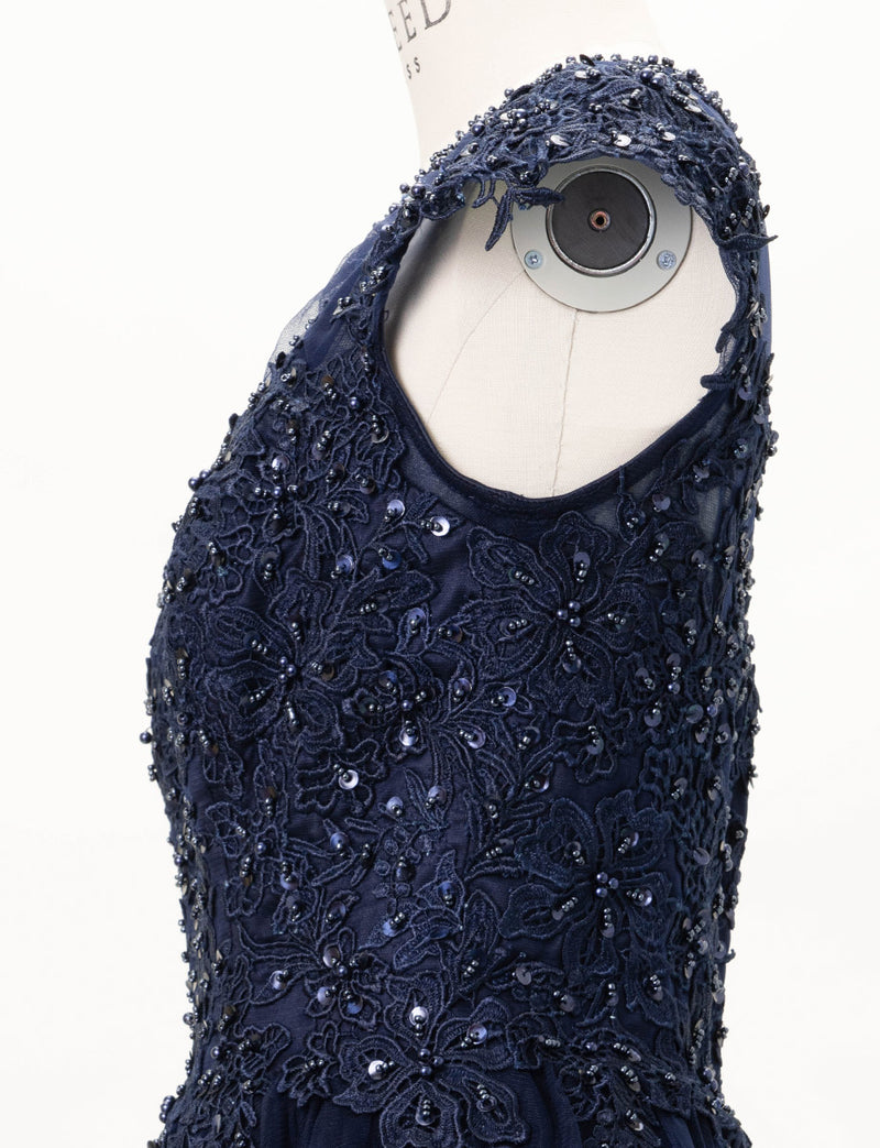 TWEED DRESS(ツイードドレス)のダークネイビーロングドレス・チュール｜TW1925-DNYのトルソー上半身側面画像です。