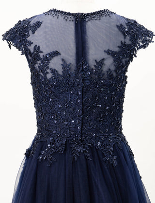 TWEED DRESS(ツイードドレス)のダークネイビーロングドレス・チュール｜TW1925-DNYのトルソー上半身背面画像です。