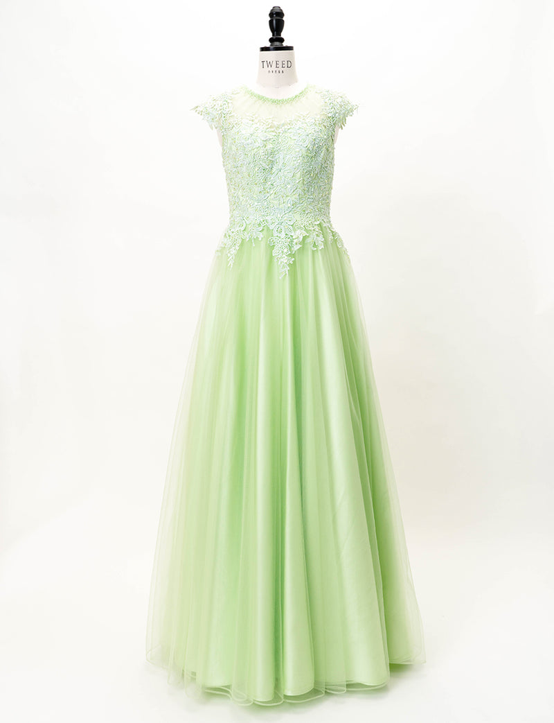 TWEED DRESS(ツイードドレス)のペールグリーンロングドレス・チュール｜TW1925-PGNのトルソー全身正面画像です。