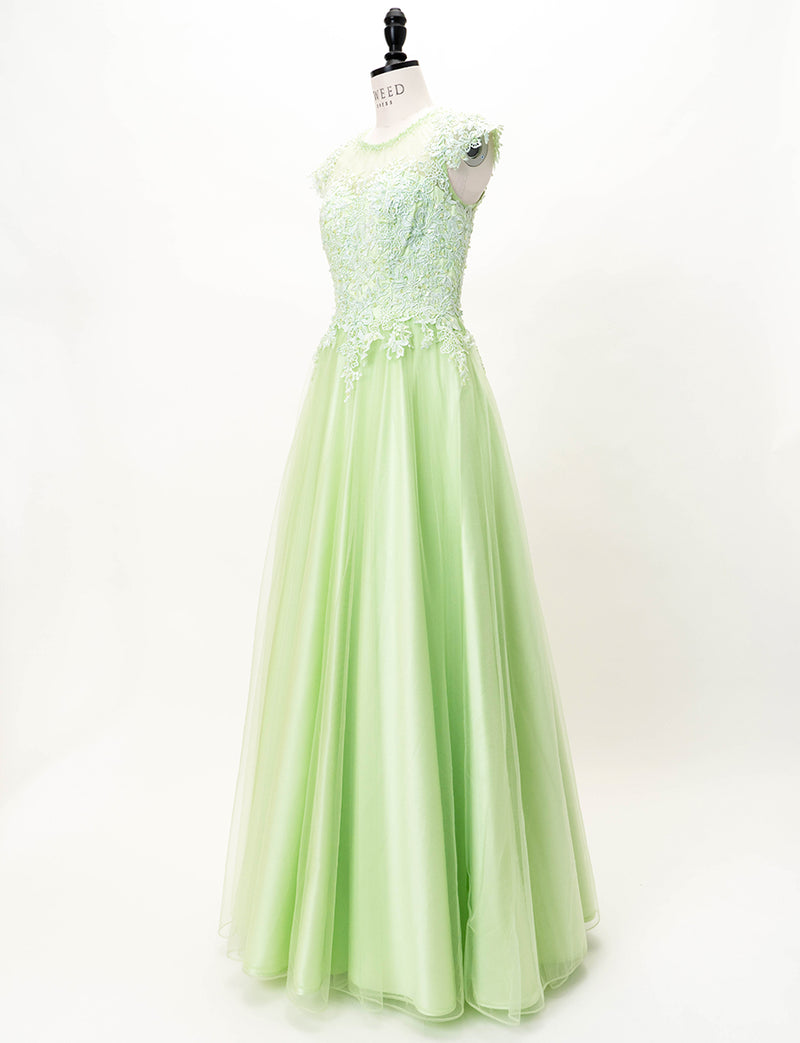 TWEED DRESS(ツイードドレス)のペールグリーンロングドレス・チュール｜TW1925-PGNのトルソー全身斜め画像です。