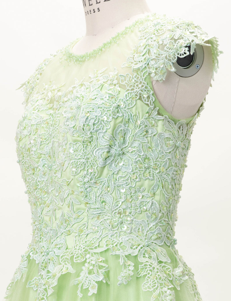 TWEED DRESS(ツイードドレス)のペールグリーンロングドレス・チュール｜TW1925-PGNのトルソー上半身斜め画像です。