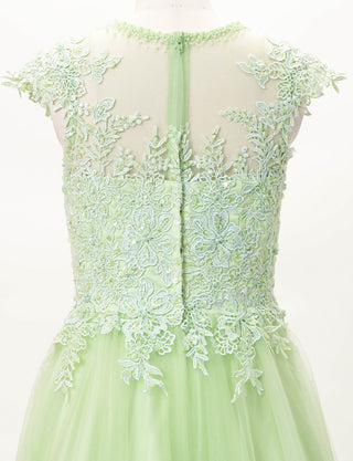TWEED DRESS(ツイードドレス)のペールグリーンロングドレス・チュール｜TW1925-PGNのトルソー上半身背面画像です。