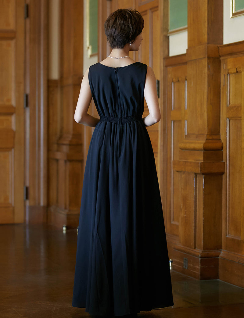 TWEED DRESS(ツイードドレス)のブラックロングドレス・シフォン｜TW1927-1-BKの全身背面画像です。