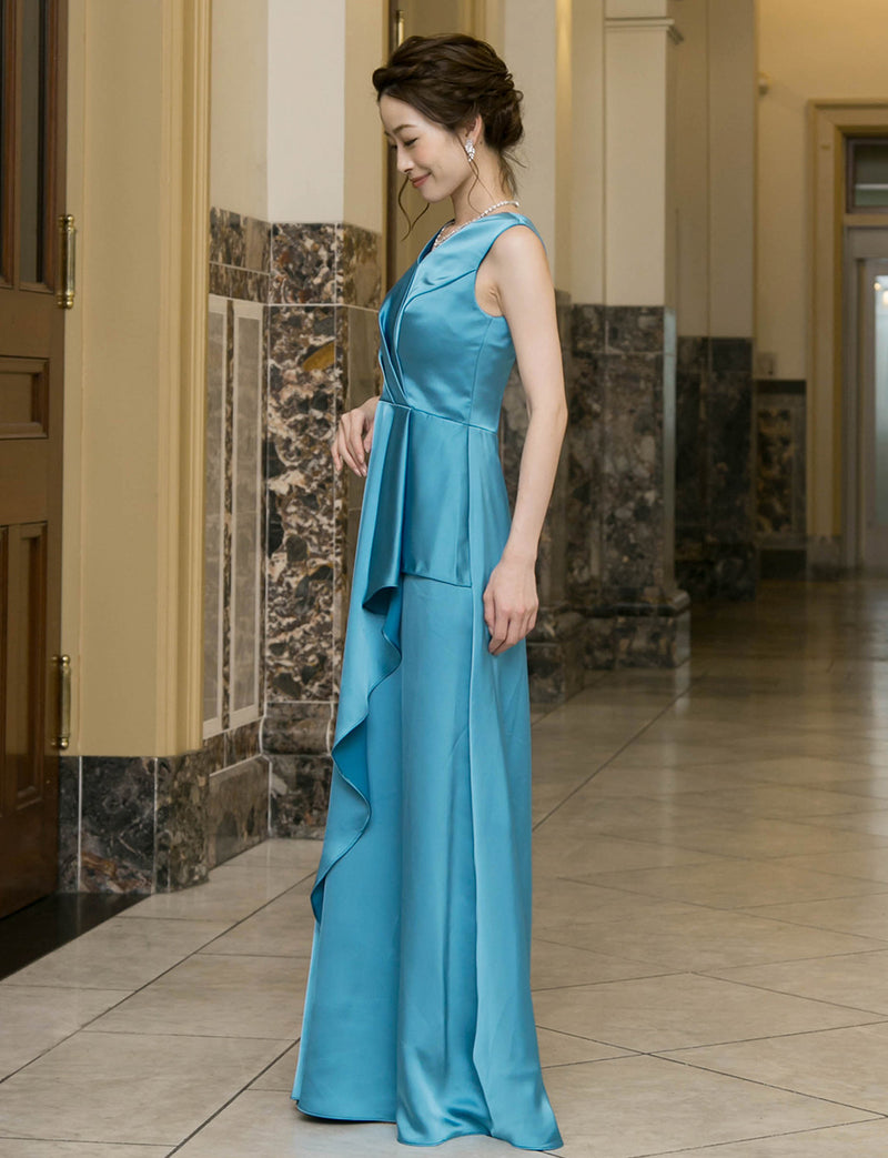 TWEED DRESS(ツイードドレス)のブルーグリーンロングドレス・サテン｜TW1932-BLGNの全身側面画像です。