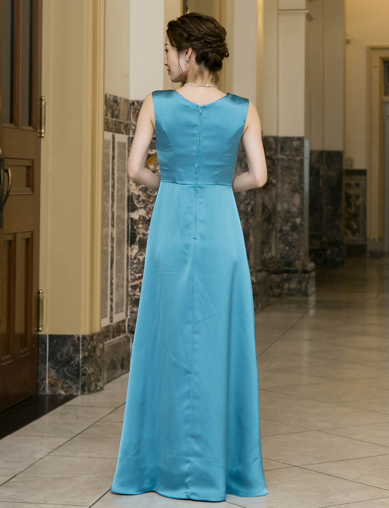 TWEED DRESS(ツイードドレス)のブルーグリーンロングドレス・サテン｜TW1932-BLGNの全身背面画像です。
