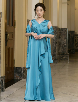 TWEED DRESS(ツイードドレス)のブルーグリーンロングドレス・サテン｜TW1932-BLGNの全身正面ストール着用画像です。