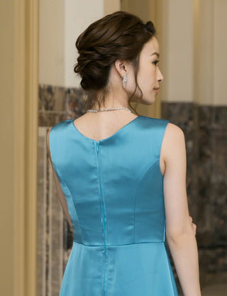 TWEED DRESS(ツイードドレス)のブルーグリーンロングドレス・サテン｜TW1932-BLGNの上半身背面画像です。