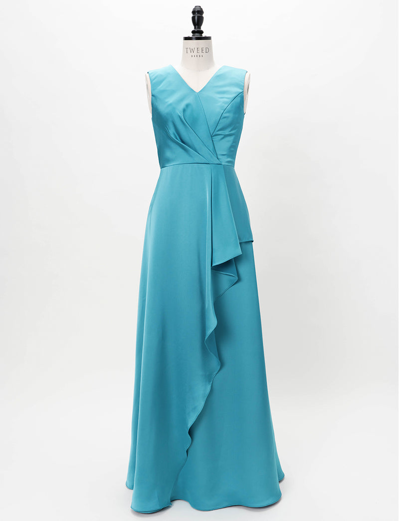 TWEED DRESS(ツイードドレス)のブルーグリーンロングドレス・サテン｜TW1932-BLGNのトルソー全身正面画像です。