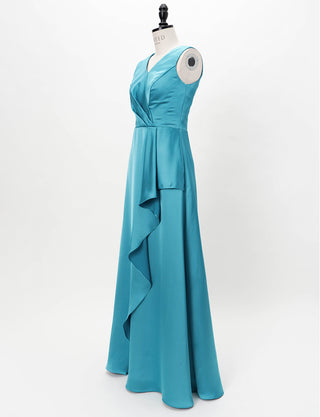 TWEED DRESS(ツイードドレス)のブルーグリーンロングドレス・サテン｜TW1932-BLGNのトルソー全身斜め画像です。