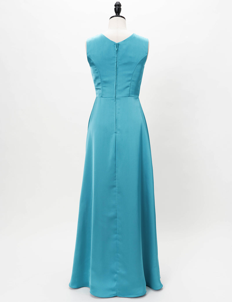 TWEED DRESS(ツイードドレス)のブルーグリーンロングドレス・サテン｜TW1932-BLGNのトルソー全身背面画像です。