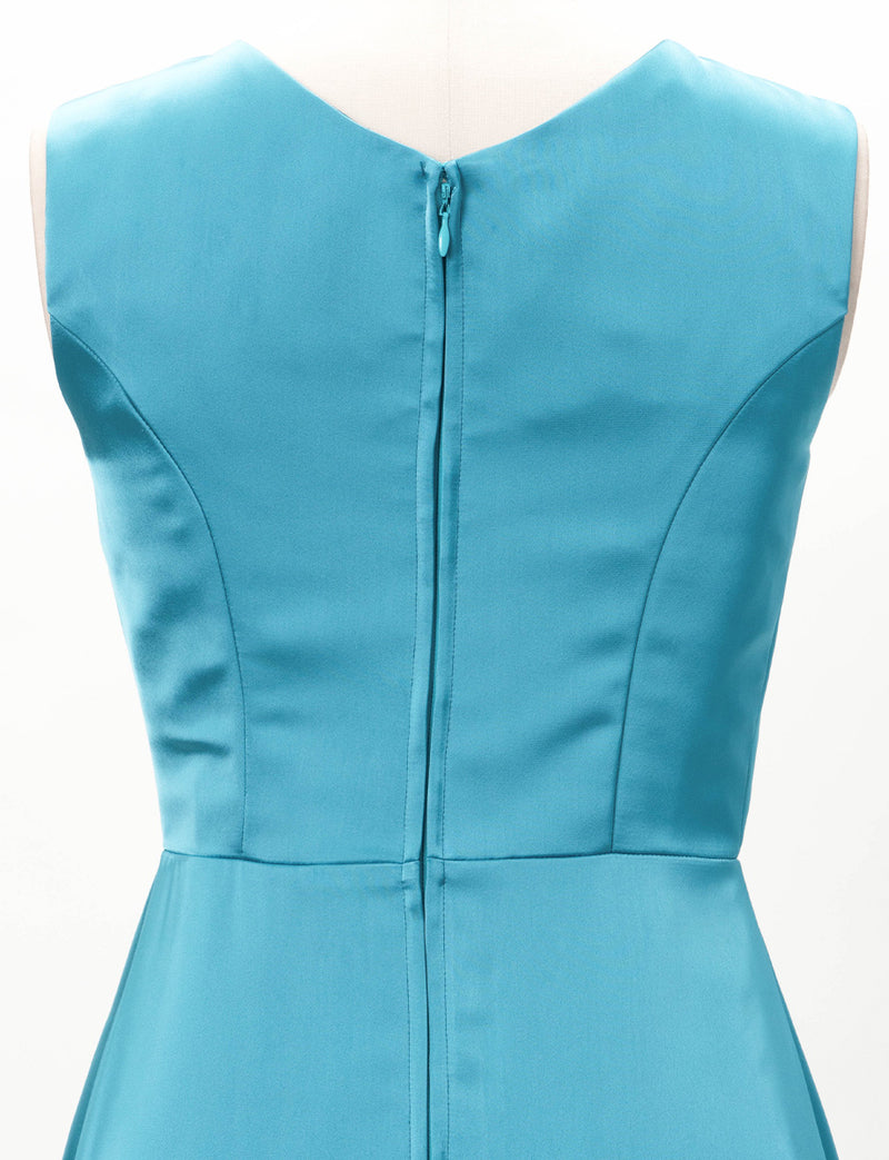 TWEED DRESS(ツイードドレス)のブルーグリーンロングドレス・サテン｜TW1932-BLGNのトルソー上半身背面画像です。