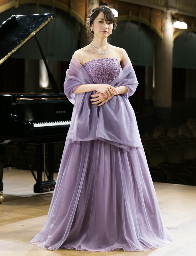 TWEED DRESS(ツイードドレス)のパープルレインロングドレス・グラデーションチュール｜TW1937-PERNの全身正面ストール着用画像です。