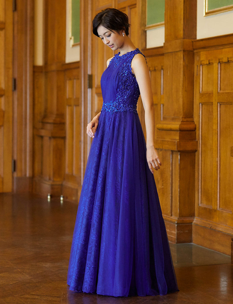 TWEED DRESS(ツイードドレス)のロイヤルブルーロングドレス・チュール｜TW1938-RBLの全身斜め画像です。