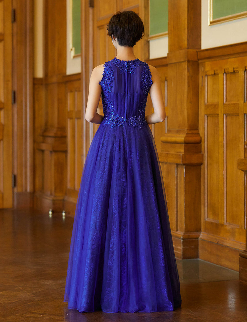 TWEED DRESS(ツイードドレス)のロイヤルブルーロングドレス・チュール｜TW1938-RBLの全身背面画像です。