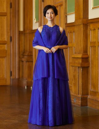 TWEED DRESS(ツイードドレス)のロイヤルブルーロングドレス・チュール｜TW1938-RBLの全身正面ストール着用画像です。